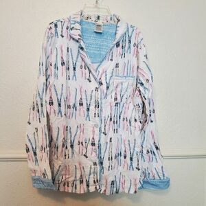 Munki‎ Munki Ski Print Flannel Pajama Top Womens M Winter Cozy Cabincore Novelty